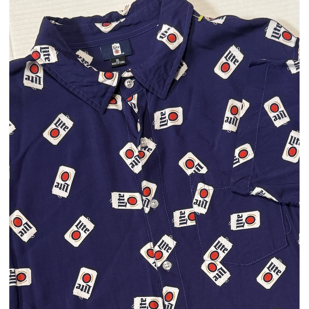 MILER LITE - Mens Beer Can All Over Print Button Short Sleeve Shirt - X-Large XL